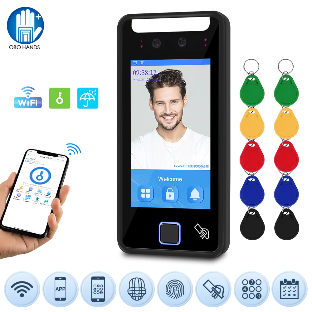 

TCP IP WiFi Dynamic Face Recognition Device 5 Inch RFID APP Access Control Keypad Fingerprint Time Attendance System Waterproof