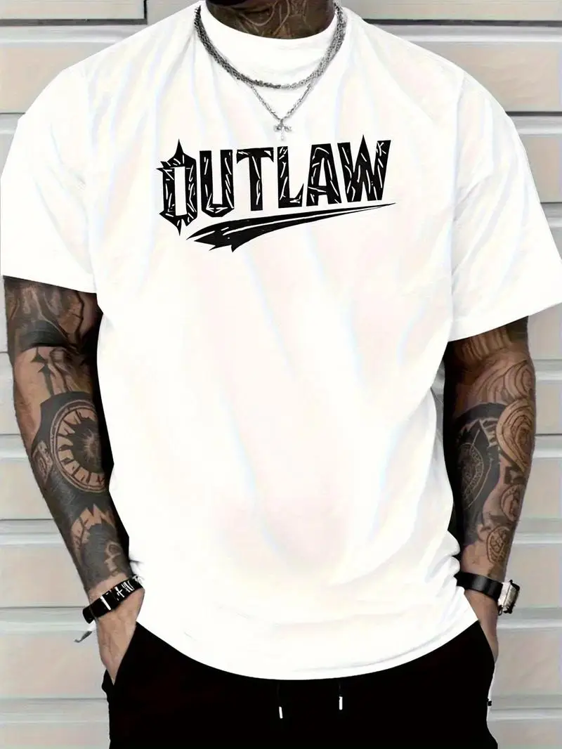Men's Heavyweight 180Gsm Cotton T-Shirt - Bold Outlaw And Lightning Graphic Tee - Regular Fit Crew Neck Shirt For Daily Wear