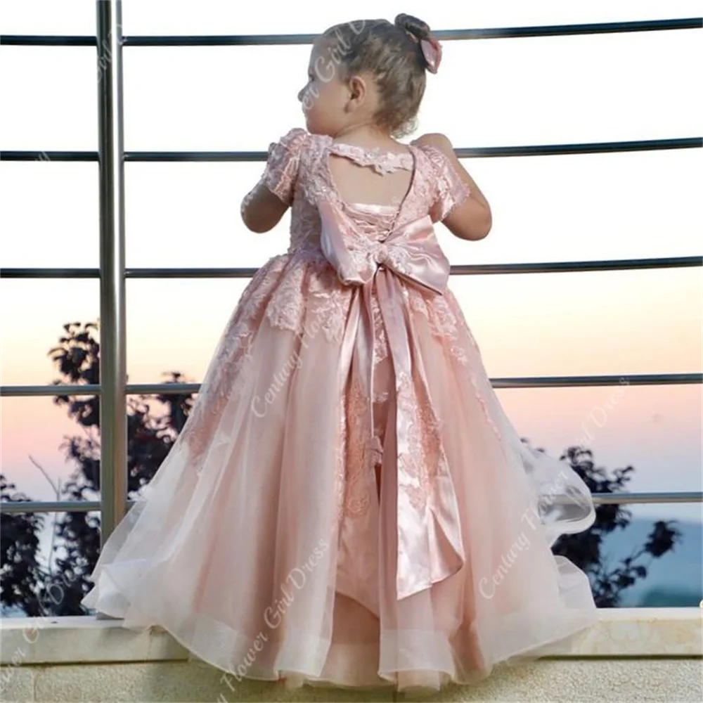 Pink Tulle Flower Girl Dress Lace Fluffy Skirt Fllral Appqulies Wedding Party MiniBride Princess Bridemaid Gowns