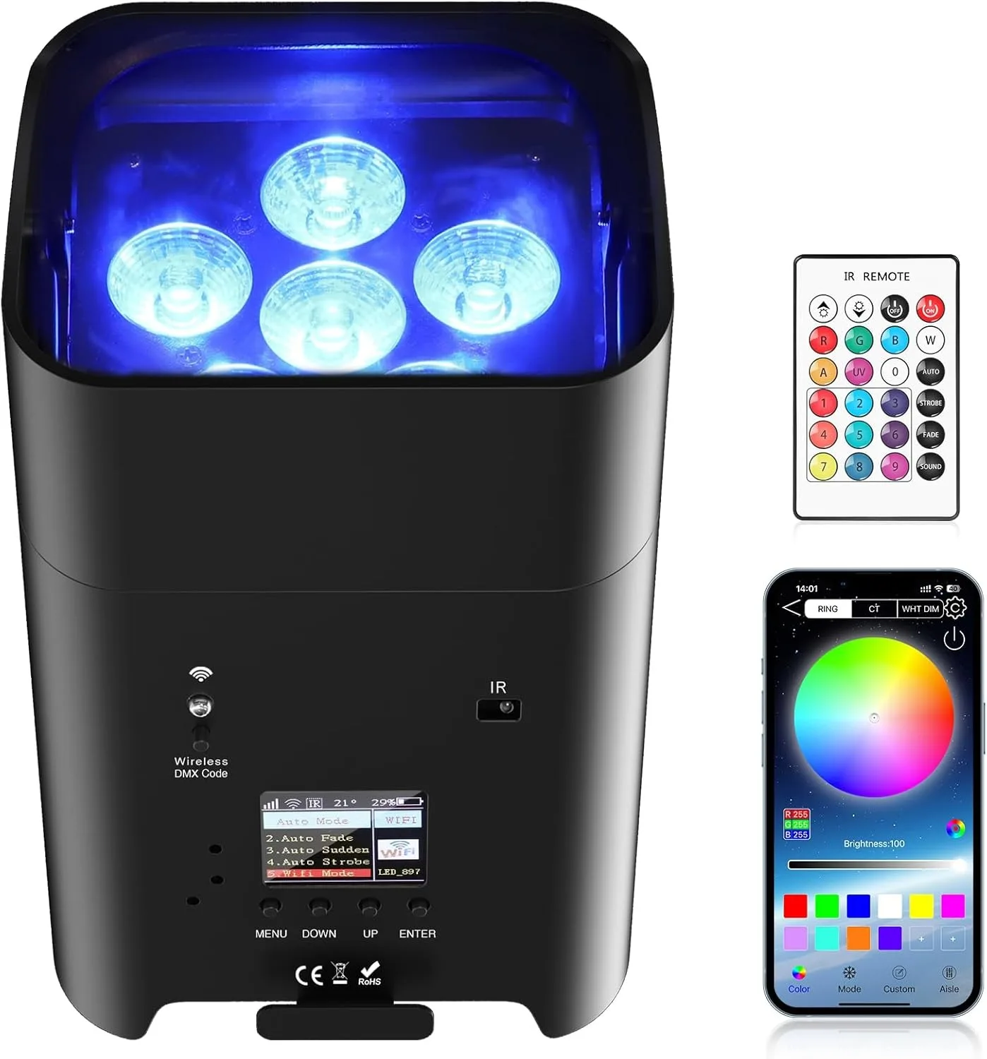 Battery Powered Uplights Rechargeable Par Can 6x18W RGBWA+UV LEDUplight 9600 mAh APP/Remote/DMX512 Control Stage Lights Uplight
