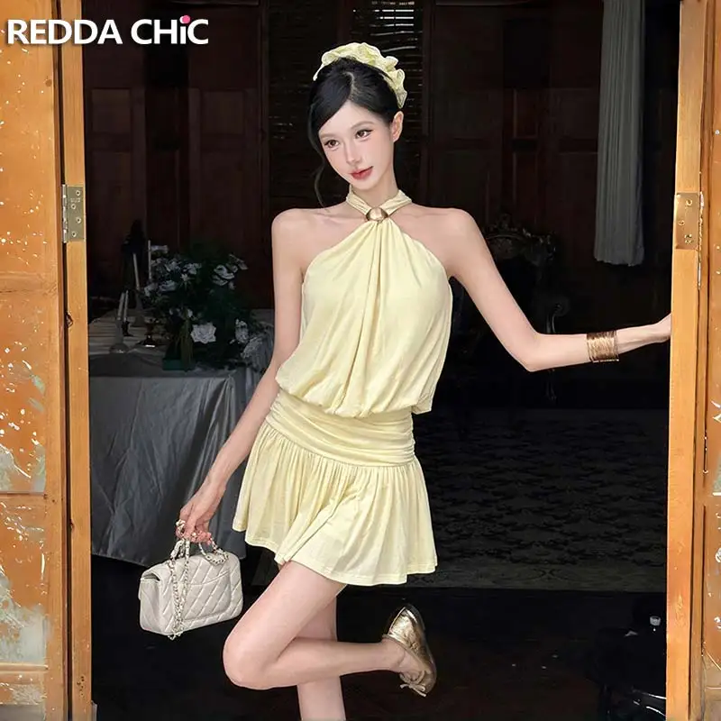 ReddaChic Modal Halter Top Skirt Women Two-piece Set Cutecore Off Shoulder Camisole Ruffle Short Skirt Causal Summer Clothes