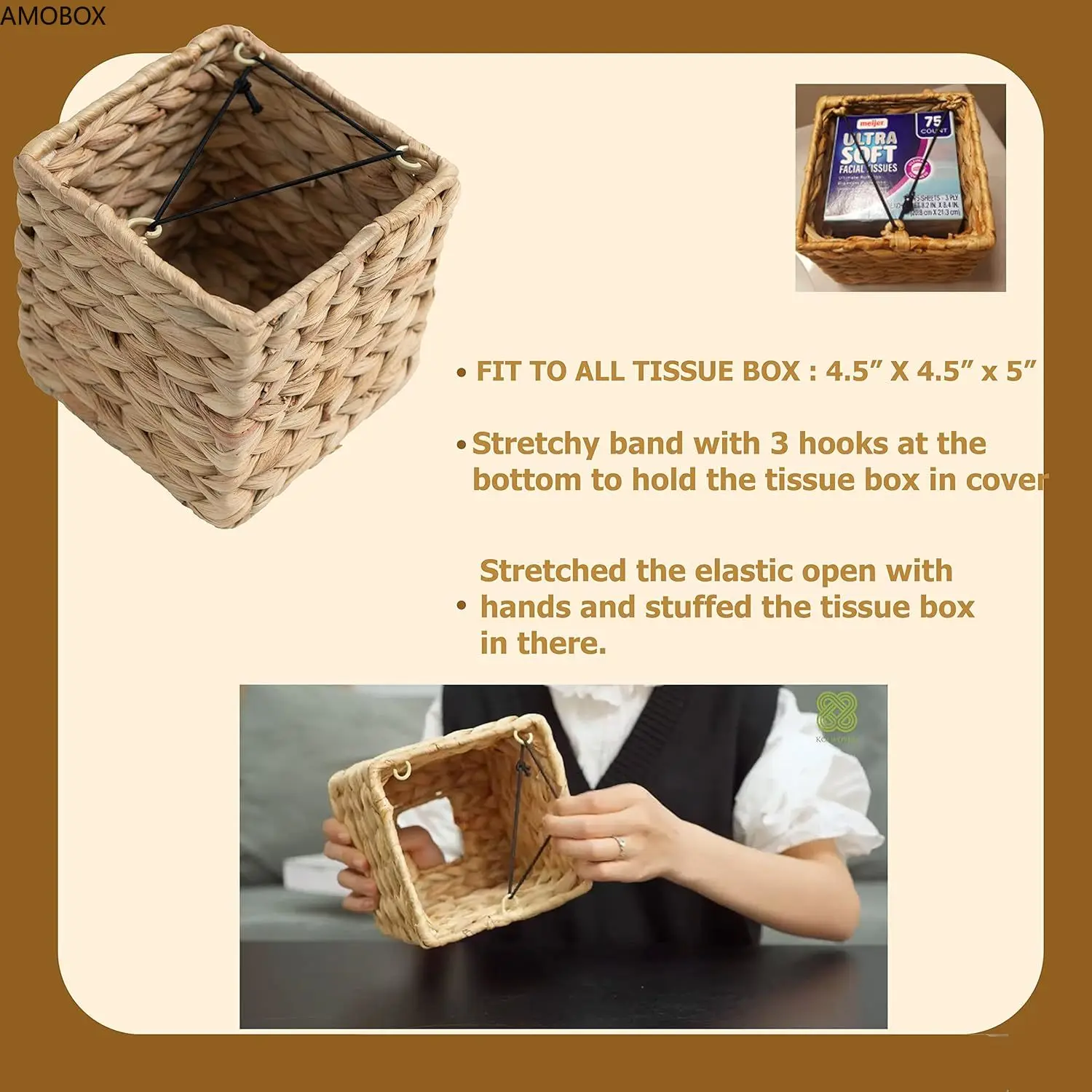 AMOBOX-Tissue Box Holder with Cover, Square Wicker Tissues Cube Box Cover, Woven Facial Tissue Holder on Table and Bathroom