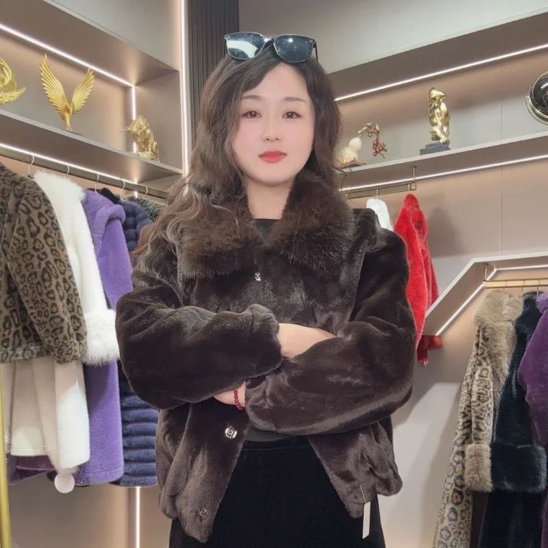 

2025 Mink Fur Coat Short Women's Fox Fur Collar Mink Fur Coat Haining Mink Fur One-piece