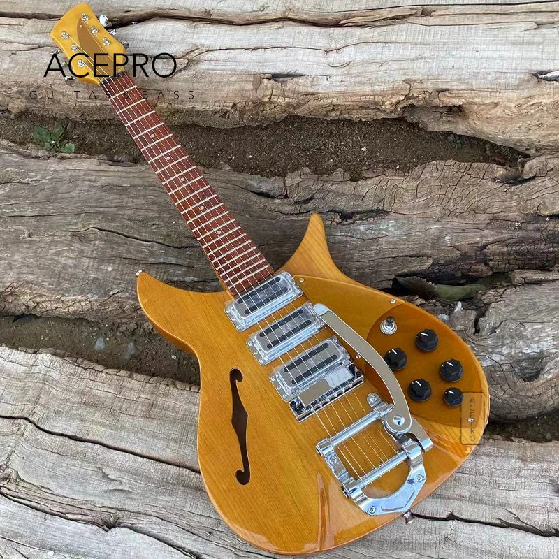 325 F-hole Semi Hollow Body Electric Guitar, Light Yellow Alder Body, Tremolo Bridge, Three Pickups, 20 3/4 Scale, Guitarras