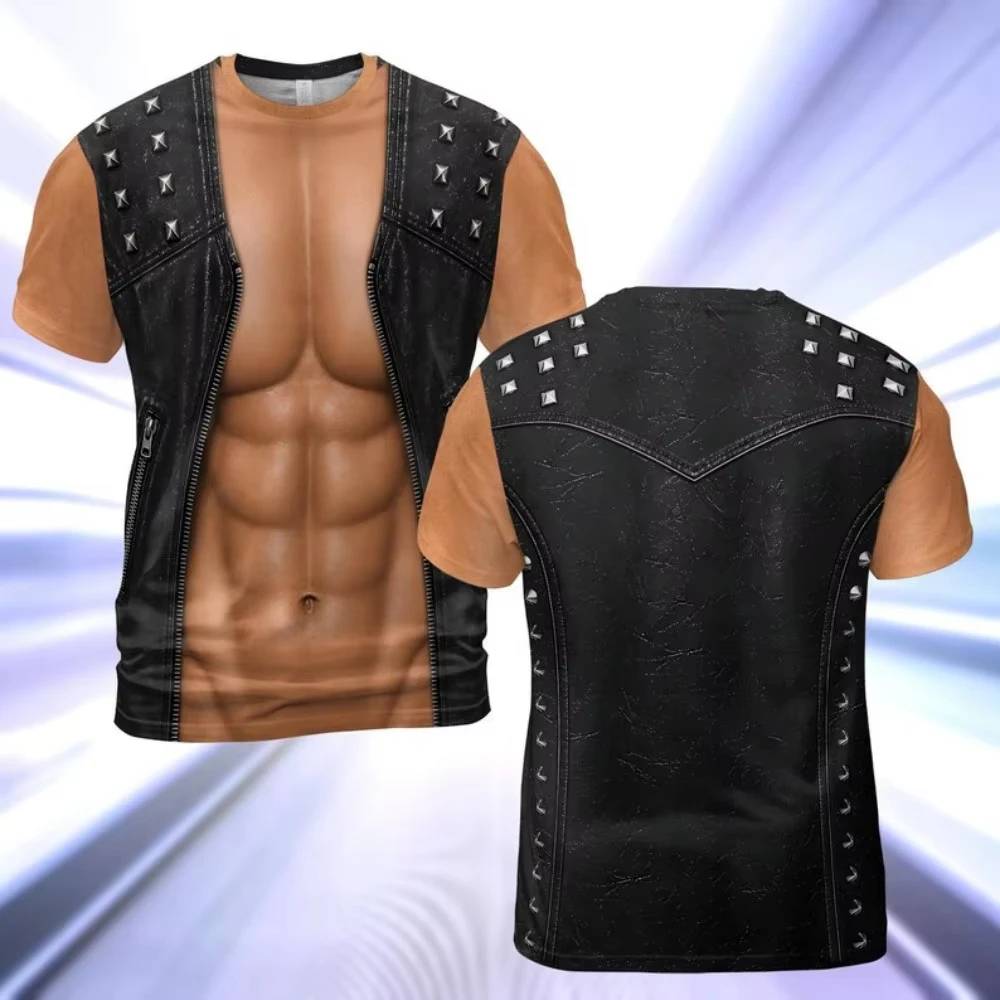 Optical Illusion Fake Rivet Leather Vest Muscle Body Print Tee, Biker Punk Halloween Party Streetwear Short‑Sleeve Unisex TShirt