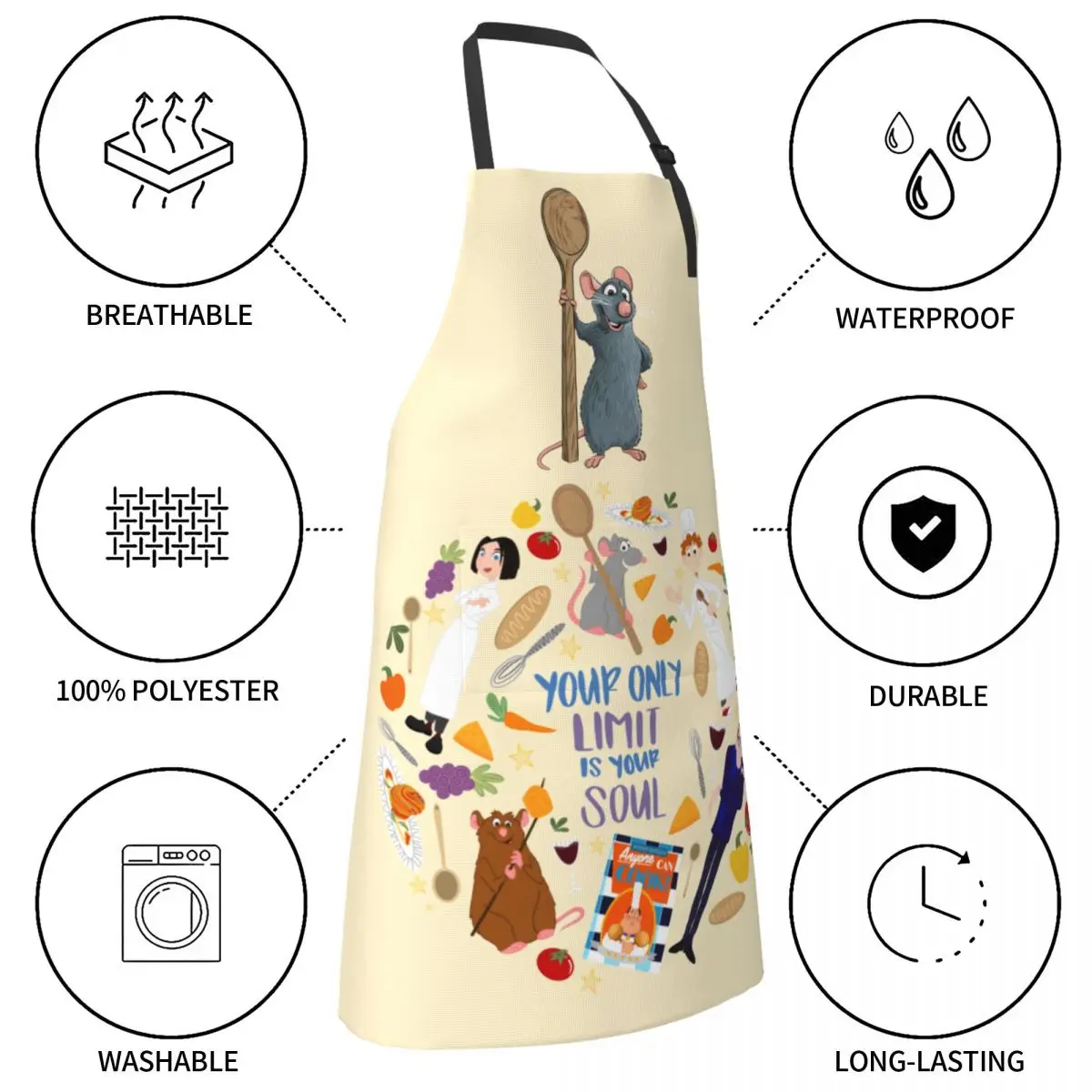 Men Women Chef Gift Apron Cartoon Remy Ratatouille Accessories Baking Aprons Adjustable Tie with 2 Pockets Oil & Water Resistant