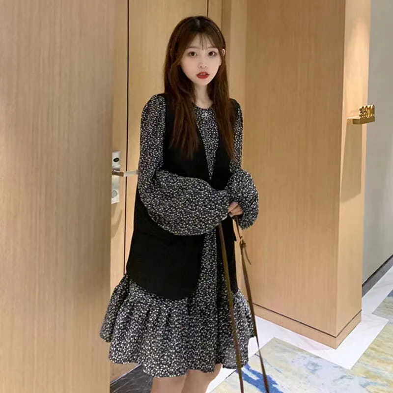 Big Size Women Dress +Vest Set Clothing Loose Long Sleeve Dresses Lady Autumn Spring Oversize Female Flower Dress Girls Clothes