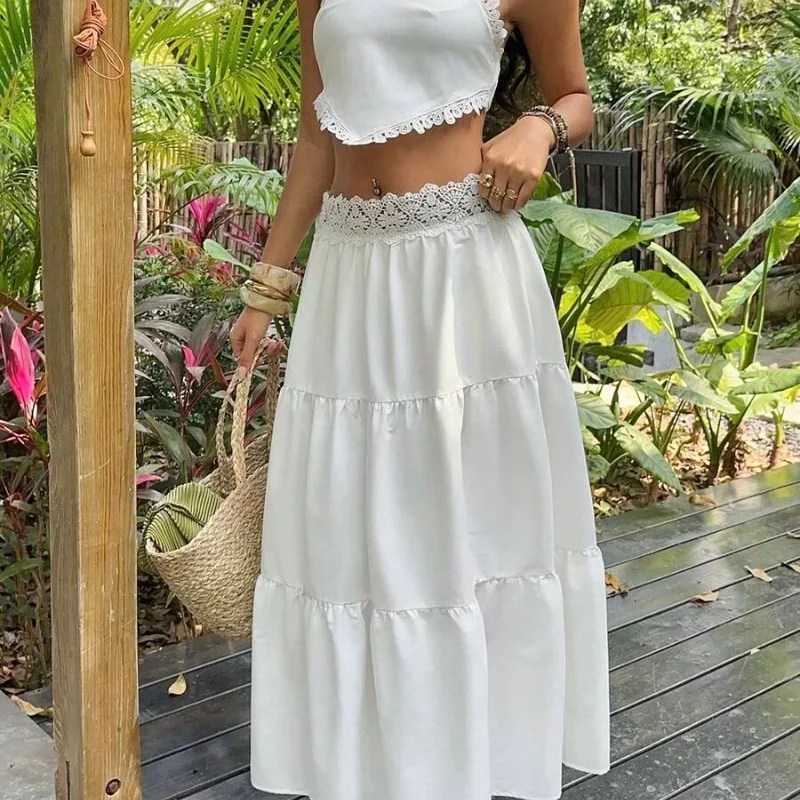 

Women 2‑piece Set Lace Trim Halter Crop Top+tiered Long Skirt Boho Vacation Two Piece Outfit Beach Sundress Holiday Co‑ord Sets