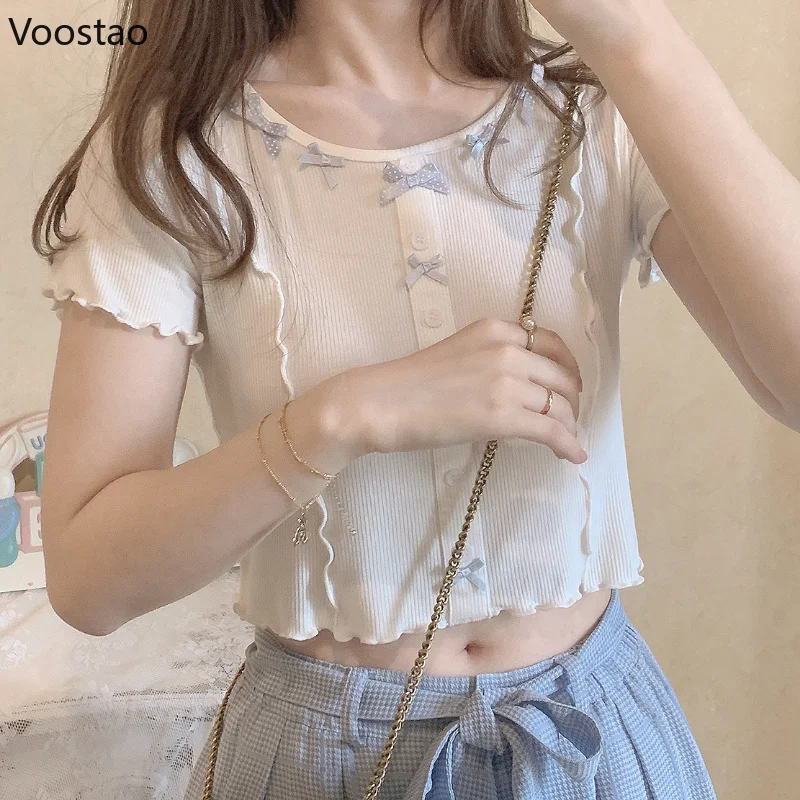 Japanese Kawaii Elastic T-Shirt Girls Casual Ruffles Short Sleeve Wave Point Bow Slim Tees Summer Sweet O-Neck White Crop Tops