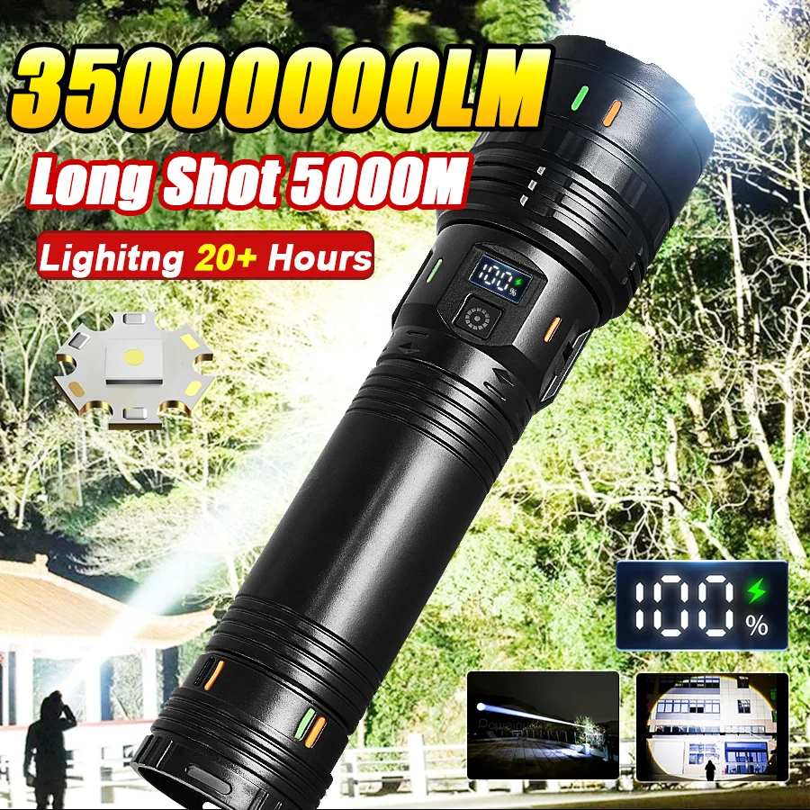

35000000LM High Power LED Flashlight Most Bright Tactical Torch Rechargeable Portable Light Long Shot 5000M Camping Hunting Lamp