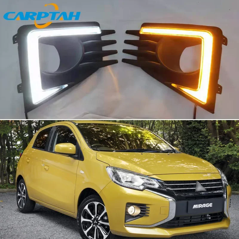 Car LED DRL 12V Daylights For Mitsubishi Mirage 2020 2021 Yellow Turn Signal Daytime Running Headlamps Auto Driving Lamp Foglamp