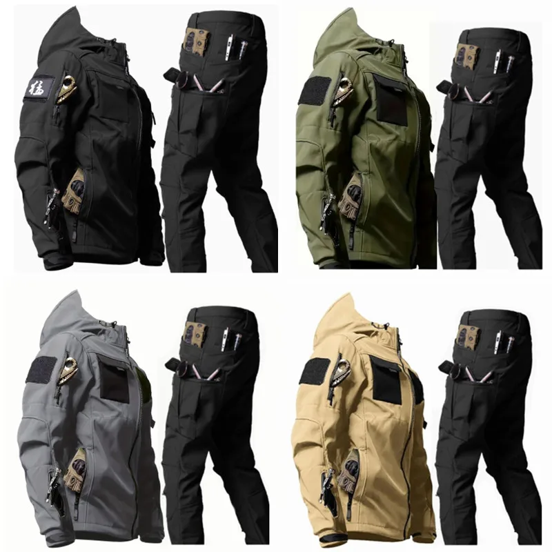 

Winter Fleece Hooded Tactical Jacket Suit Men Multi Pocket Outdoor Fishing Waterproof Windproof Wear-resistant Coats and Pants