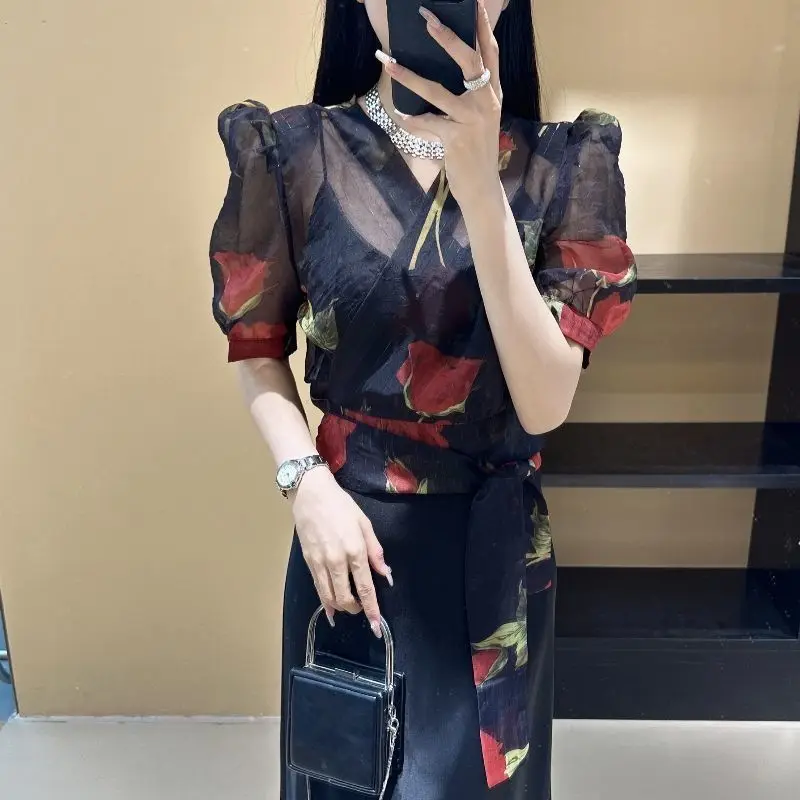 Summer New Women's Blouse Thin Style V-Neck Printed Asymmetrical Elegant Fashion Slim Puff Sleeve Commuter Lacing Chiffon Tops