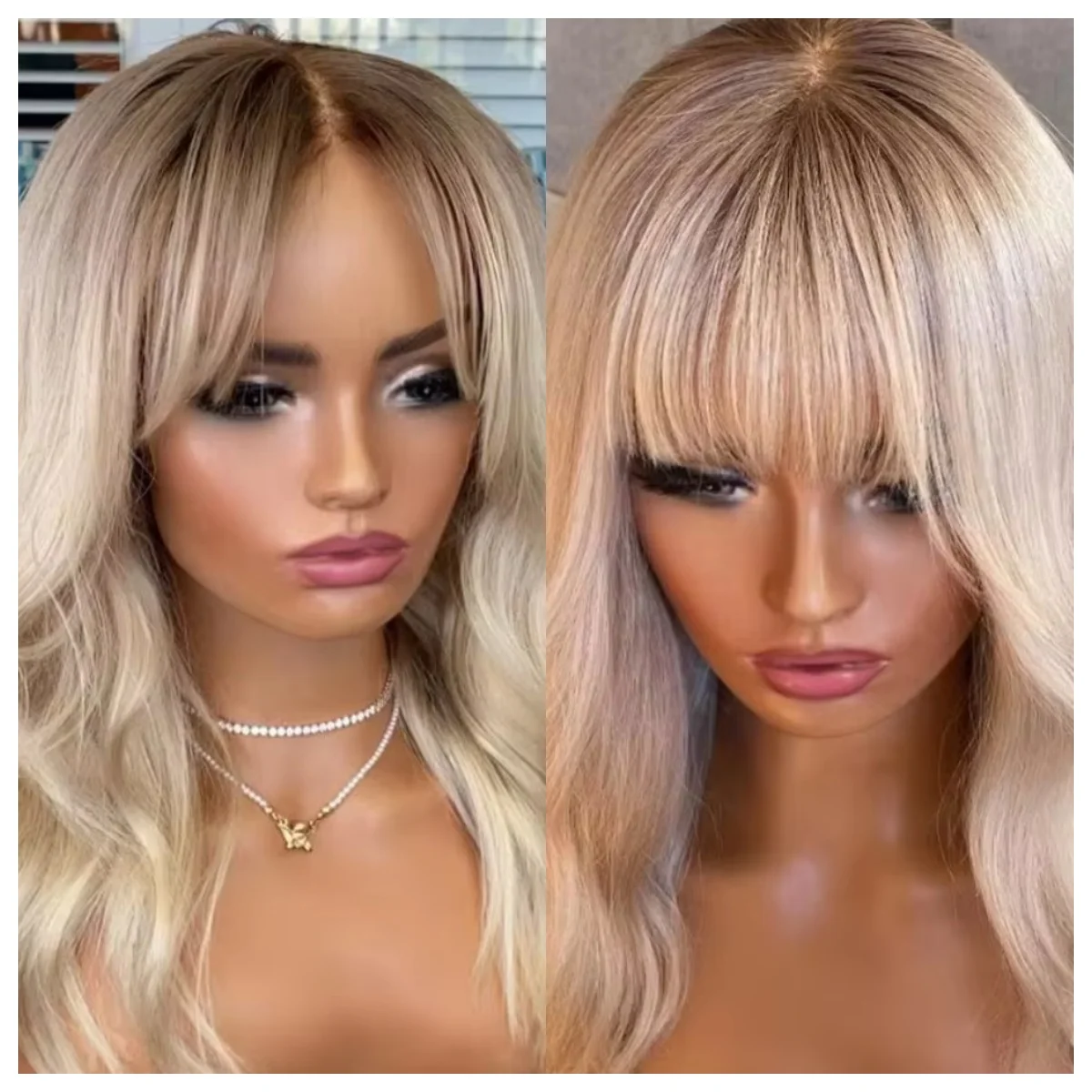 

14 inch Long Loose Wave Natural Wavy Wig Ombre Light Blonde Wig With Bangs Ash Roots Wig Synthetic Lace Front Wigs For Women