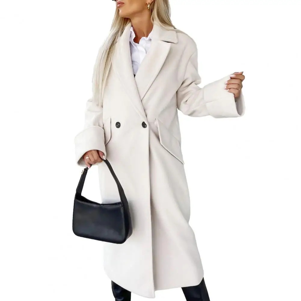 

Windproof Long Coat for Women Thick Windproof Mid Length Lapel Overcoat for Women Solid Color Double-breasted for Fall/winter