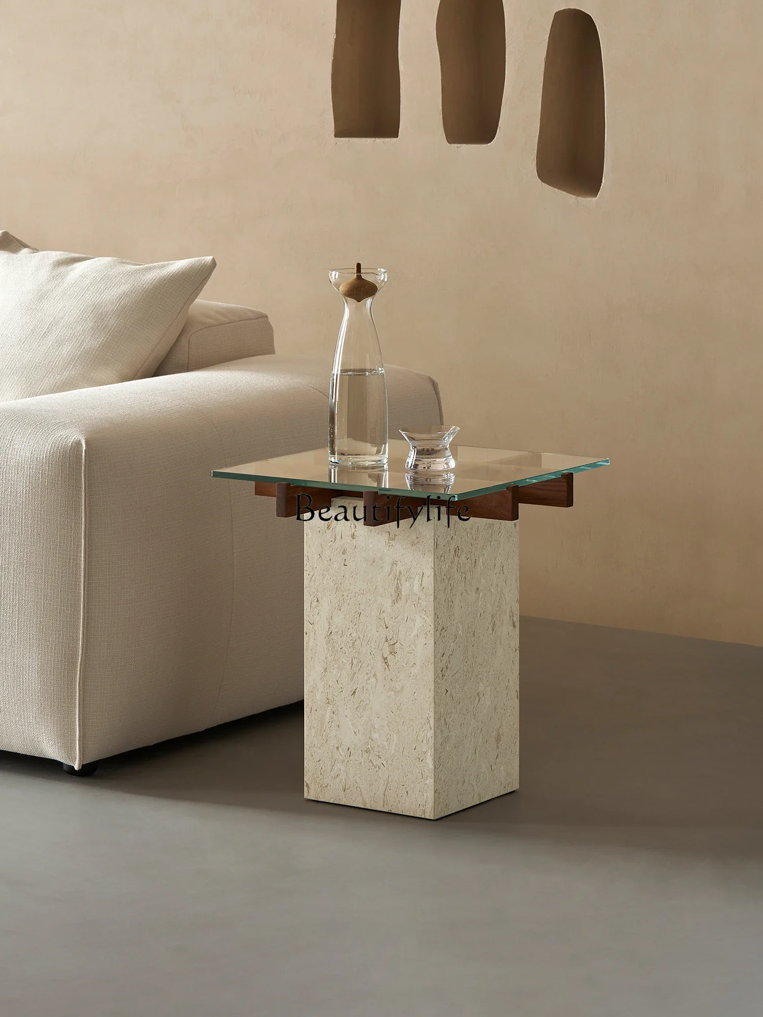 

ls 42Grid glass corner few living room light luxury marble sofa edge few modern simple walnut