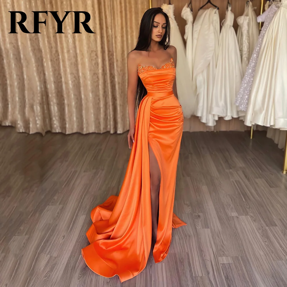 RFYR Mermaid Orange Evening Dresses for Women Stain Charming Prom Dress Sexy Party Dress with Beaded High Slit Customized