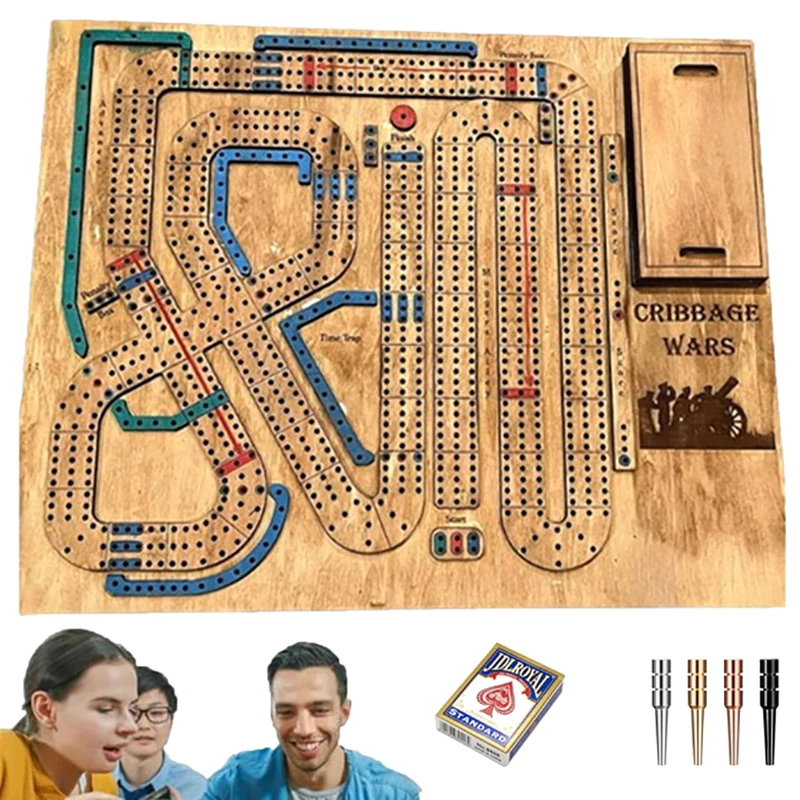 1 Set Wooden Cribbage Wars Board Game With Built-in Cribbage Pegs Storage Compartment Funny Portable Cribbage Wars Classic Game