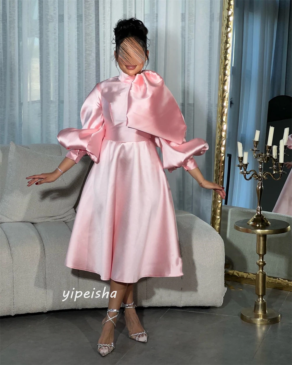 Jiayigong  Satin Bow Draped Pleat Birthday A-line High Collar Bespoke Occasion Gown Midi Dresses