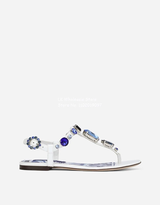 Women Patent Leather Thong Sandals with Embroidery Printed Jewel Flat Buckle Fastening Ankle Strap 35-43 Casual Party Sandals