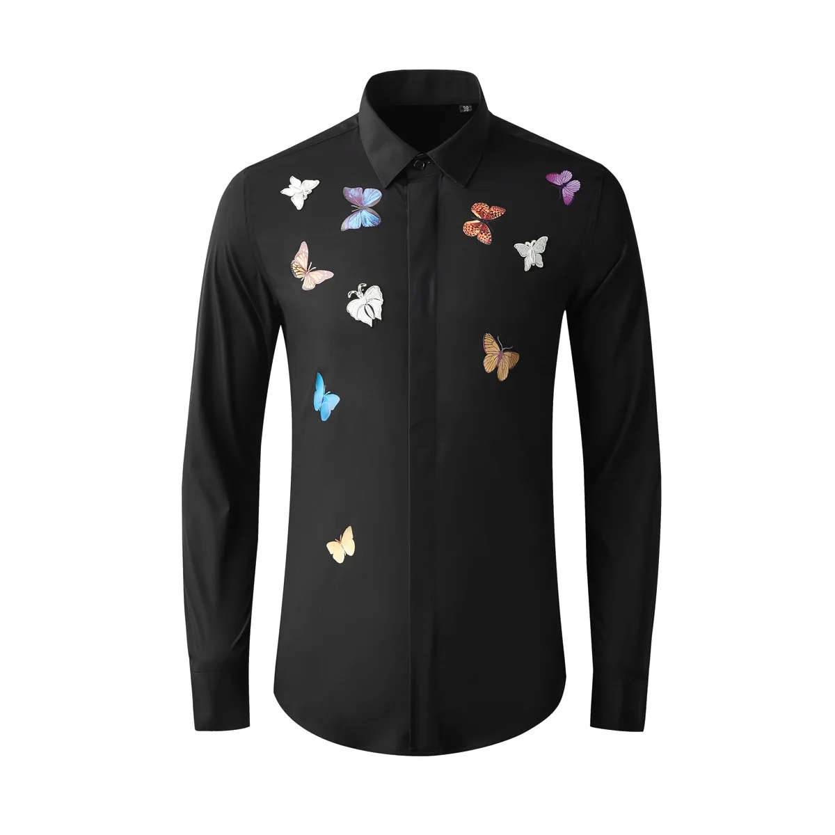 Butterfly Group Logo Pattern เสื้อเชิ้ตแขนยาวผู้ชายทรงสลิมฟิตผ้าฝ้ายปั่นเสื้อผ้าผู้ชายสไตล์จีนอินเทรนด์