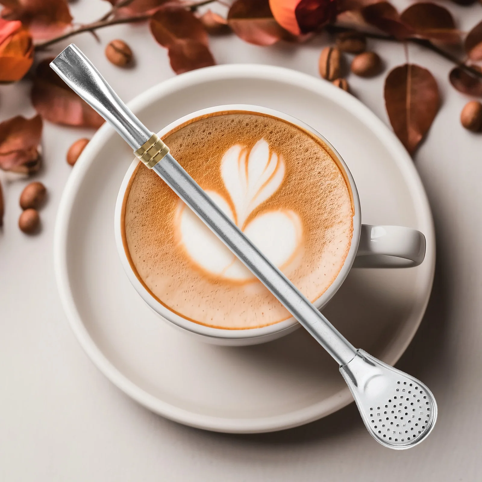 

5pcs Stainless Steel Straw Spoon Flat Mouth Hollow Filter Fork For Coffee Tea Bar Restaurant Party Use Filtering Spoon