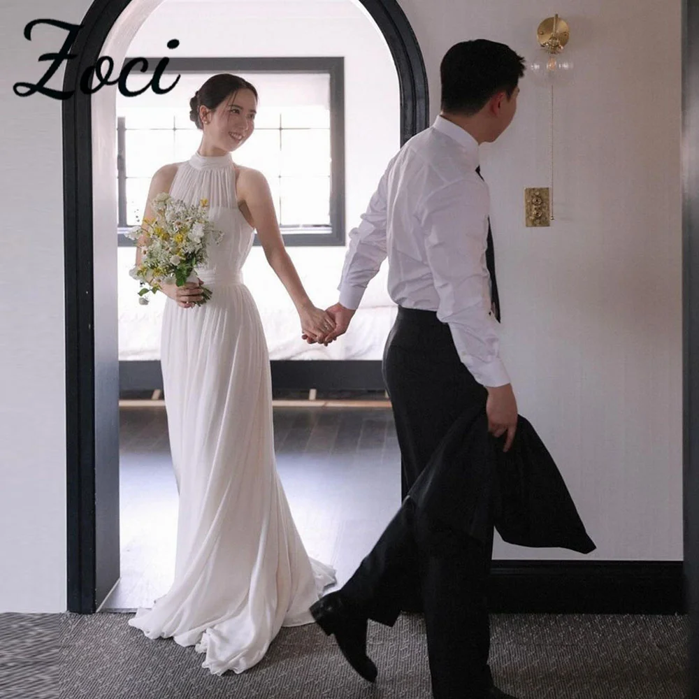 

Zoci Halter Neck Korea Wedding Dresses Customized Elegant Pleats Chiffon A Line Bride Dress Photos Shoot Sleeveless Bridal Gown