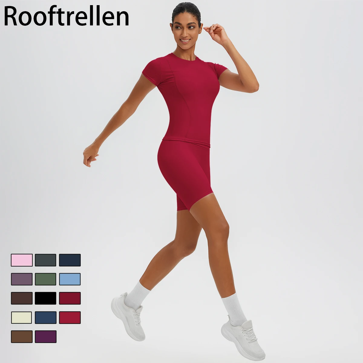 Rooftrellen 2PCS High Stretch Solid Color Yoga Set for Women Quick Drying Tight T-Shirt Workout Top Hip Push Up Fitness Shorts