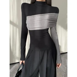 Korean casual contrasting color splicing half high neck long sleeved T-shirt women 2024 autumn new temperament slim fit top