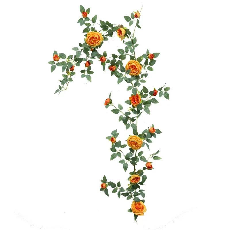 Artificial Sweetheart Roses Silk Fake Flowers Vines Festival Party Decoration Simulation Orange Rose Vine Green Plant Flower