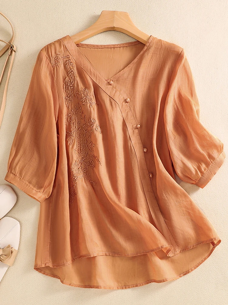 Retro V-Ne bordado algodón Lino irt ligero verano Casual suelta ajuste talla grande mujer Faion artístico Top