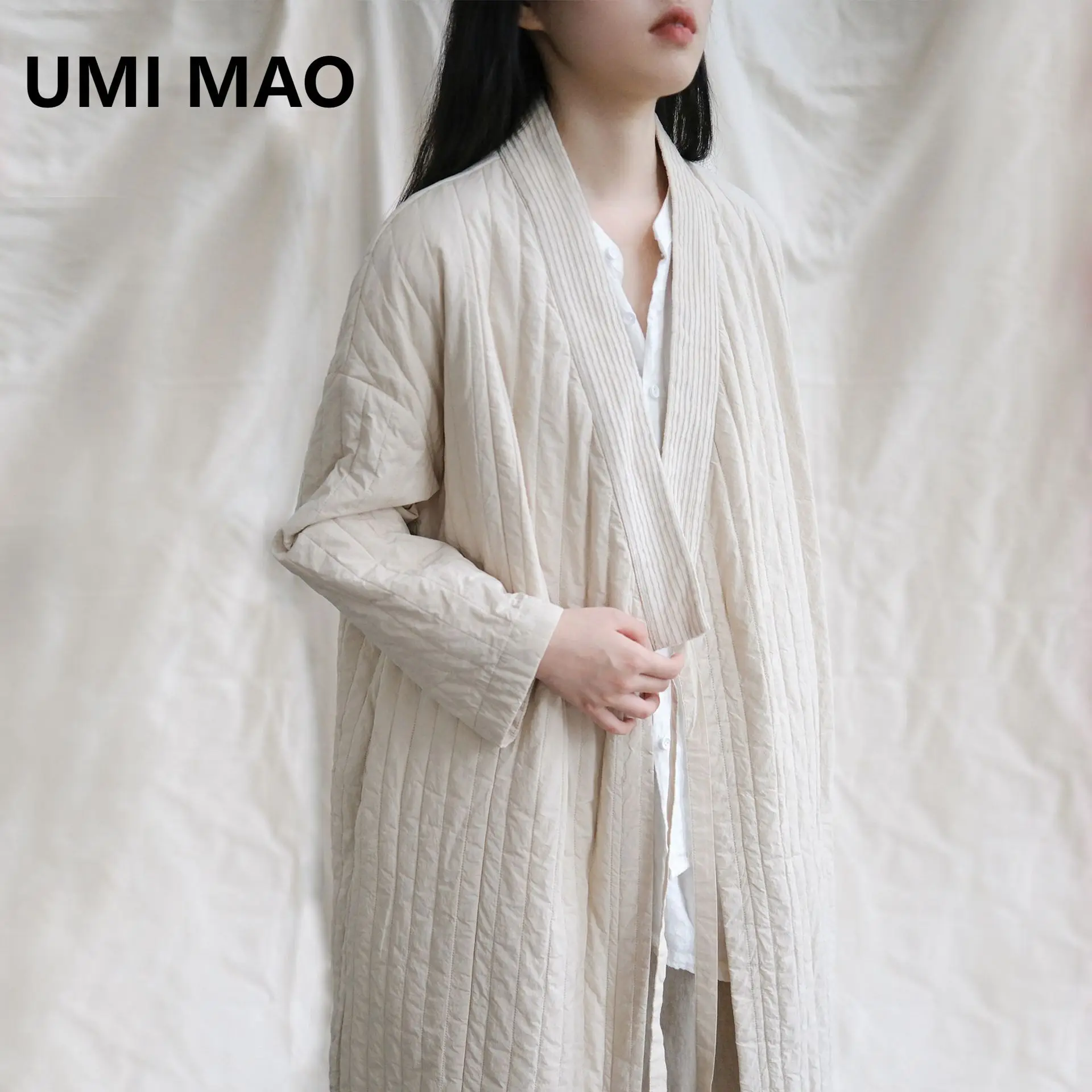 UMI MAO Artistic New Chinese Style Slanted Collar Tied Cotton Stripes Long Coat Artistic Clean Long Cotton Coat Winter Jacket