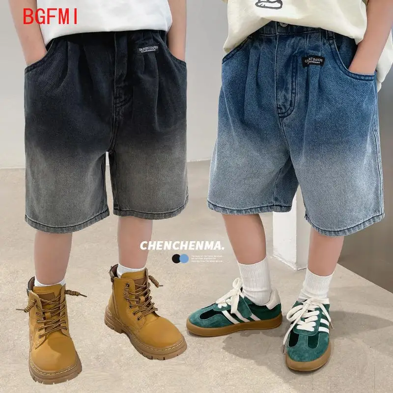 2024 Summer Pants Teenage Boy\'s Shorts New Cotton Thin Gradient Color Denim Shorts Children Short Jeans Clothing for Junior Boy