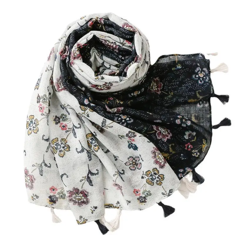 2023 New Women Vintage Flower Pattern Tassel Shawls Scarf Foulard Beautiful Floral Print Head Wrap Hijab Free Shipping