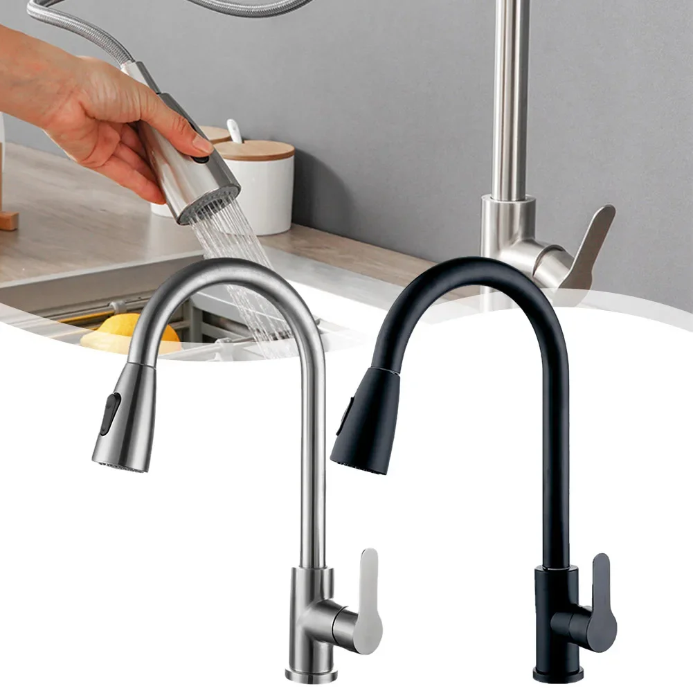 Pull-Out Water Tap Faucet 2 Spray Modes 360 Degree Rotation Stainless Steel Hot and Cold Water Mixer Kitchen Accessories