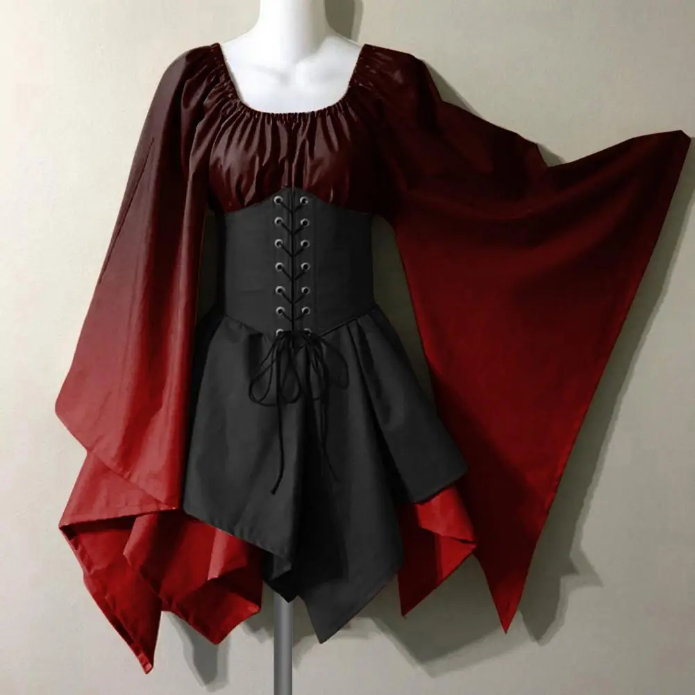 Women Halloween Cosplay Dress Irregular Hem Lace-up Strap Gothic Medieval Vintage Bat Sleeves Performance Stage Show Dress