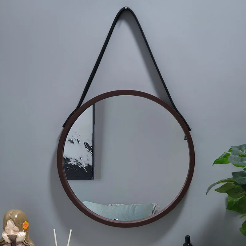 Perforation-free Vanity Mirror Wall-mounted Round Thickened Wooden Border Dressing Mirror Bathroom Mirror Makeup Mirror