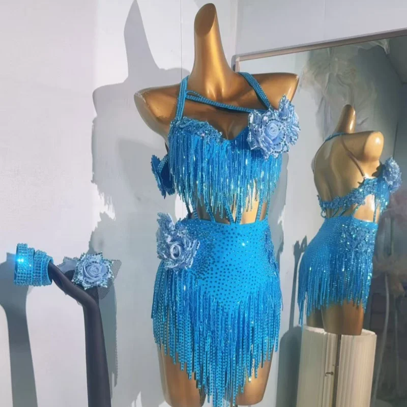 ラテンダンスパフォーマンス衣装カスタマイズされたダイヤモンドフラワータッセルドレス大人と子供のプロの競技ドレス