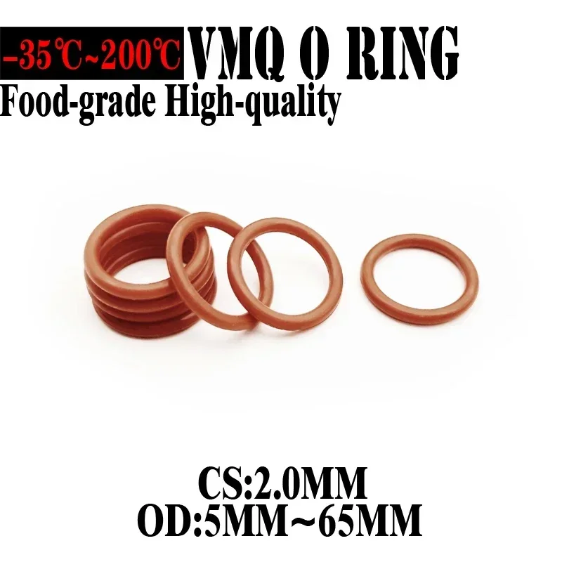 

100pcs Red VMQ Silicone O Ring CS 2mm OD 5mm ~ 65mm FoodGrade Waterproof Washer Rubber Insulated O Shape Seal Gasket