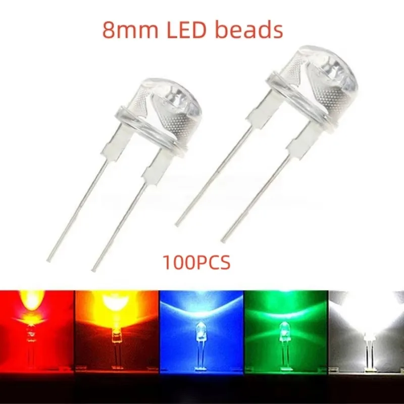 

100 шт. светодиодов F8 высокой яркости, 8 мм, индикаторные светодиоды в форме соломенной шляпы