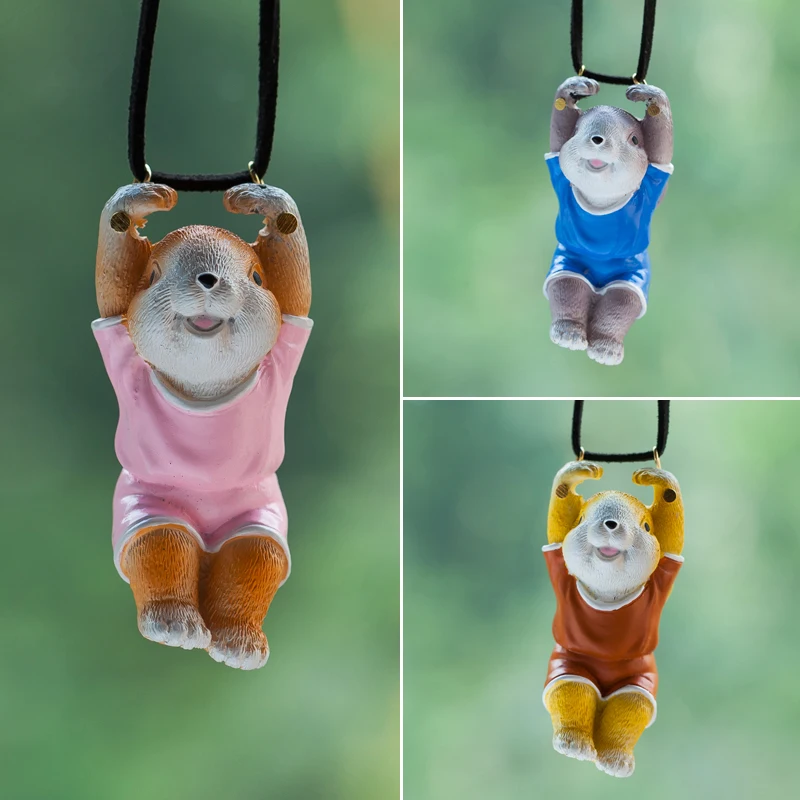 2023 Resin Ring Rabbit Car Accessories Sports Rabbit Car Rearview Mirror Pendant Animal Model Pendant Birthday Gift Decorations