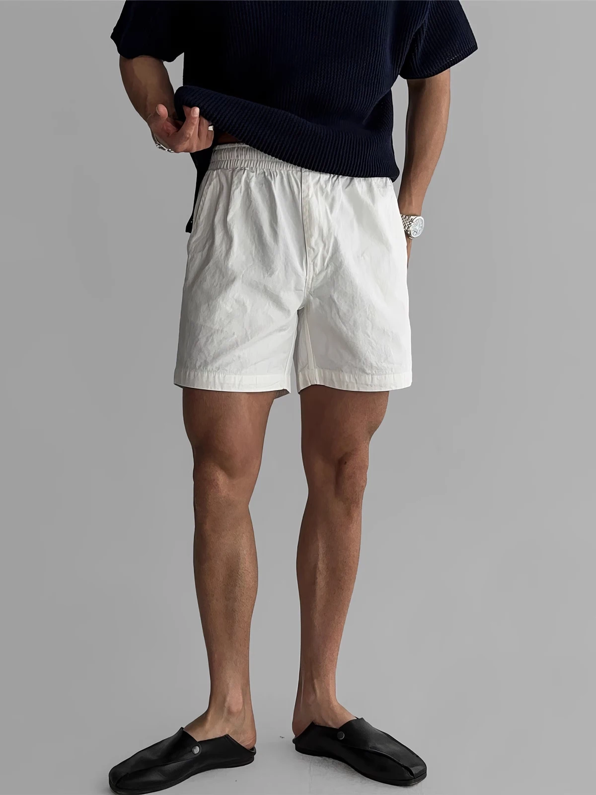 

Повседневные мужские летние японские брюки цвета хаки с эластичной резинкой на талии, универсальные цветные крутые прямые брюки «пять четвертей»