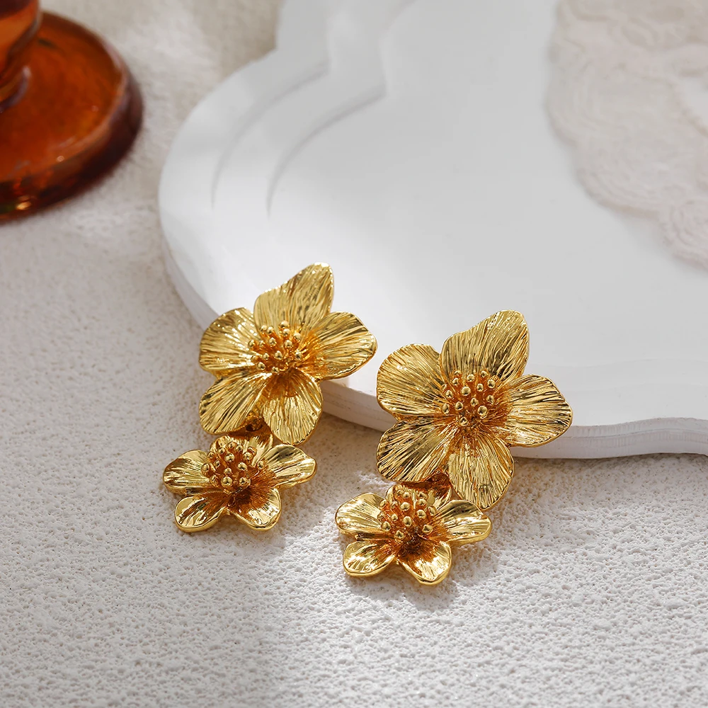 Vintage Stainless Steel Double Flower Drop Earrings for Women Metal Waterproof Statement Gold Color Stylish Tarnish Free Jewelry