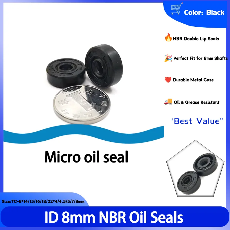 TC-8*14/15/16/18/22*4/4.5/5/7/8mm  NBR Oil Seal ID 8mm  Nitrile Rubber Shaft Double Lip Oil Seals Gasket 2/5/10pcs