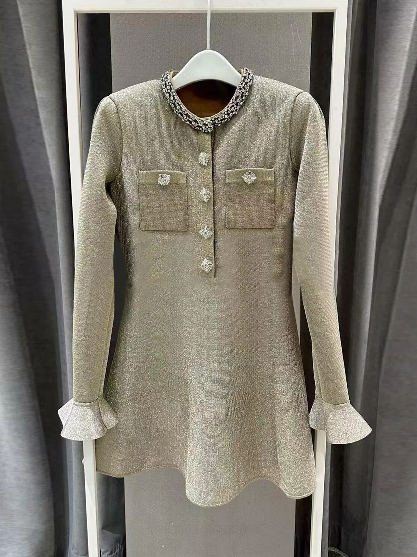 

High-End Women's Knitted Dress with Bell Sleeves And Diamond Embellishment for Autumn Winter Commute Simple High Waist