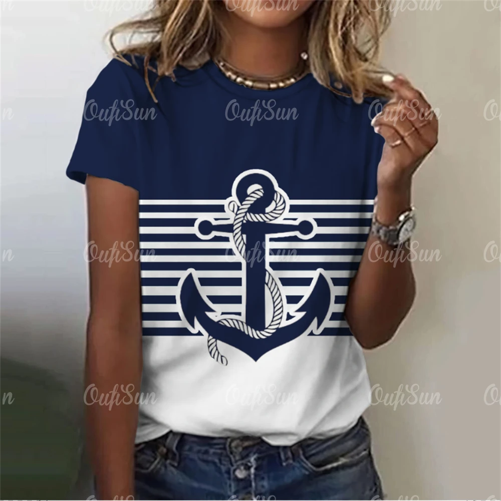 Summer Women T Shirt Boat Anchor Print Fashion O Neck Short Sleeve Tees Tops Pullover Women's Casual Loose T-Shirt Y2k Clothing