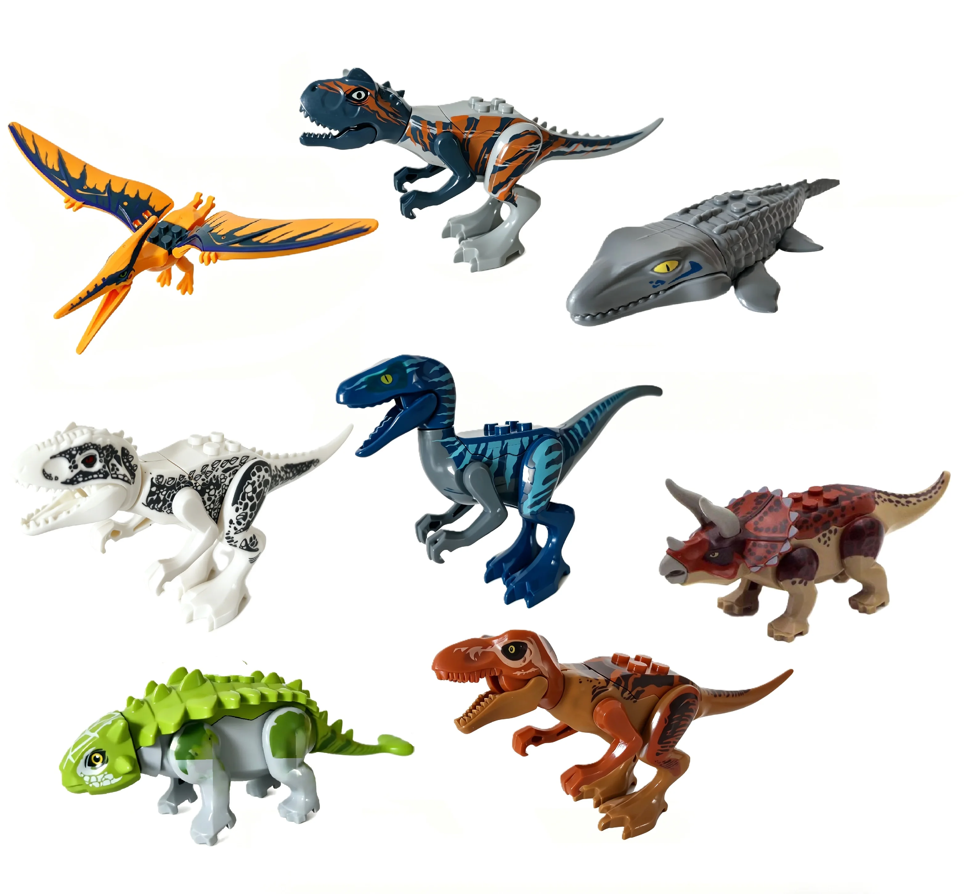 8 piezas de bloques de construcción de dinosaurios jurásicos - T-Rex, Velociraptor, Triceratops, Mosasaurus, Pterosaurio, Anquilosaurio, Indominus Rex Act