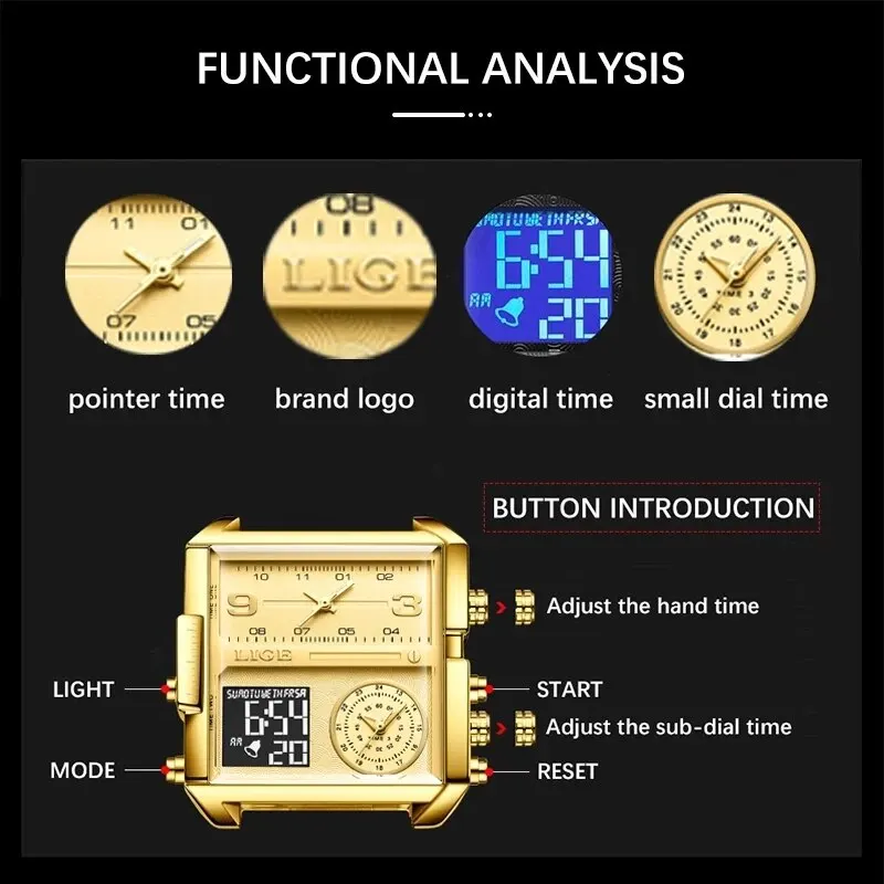 LIGE Luxury Original Men Sports Wrist Watch Gold Quartz Steel Waterproof Dual Display Clock Watches For Men Relogio Masculino