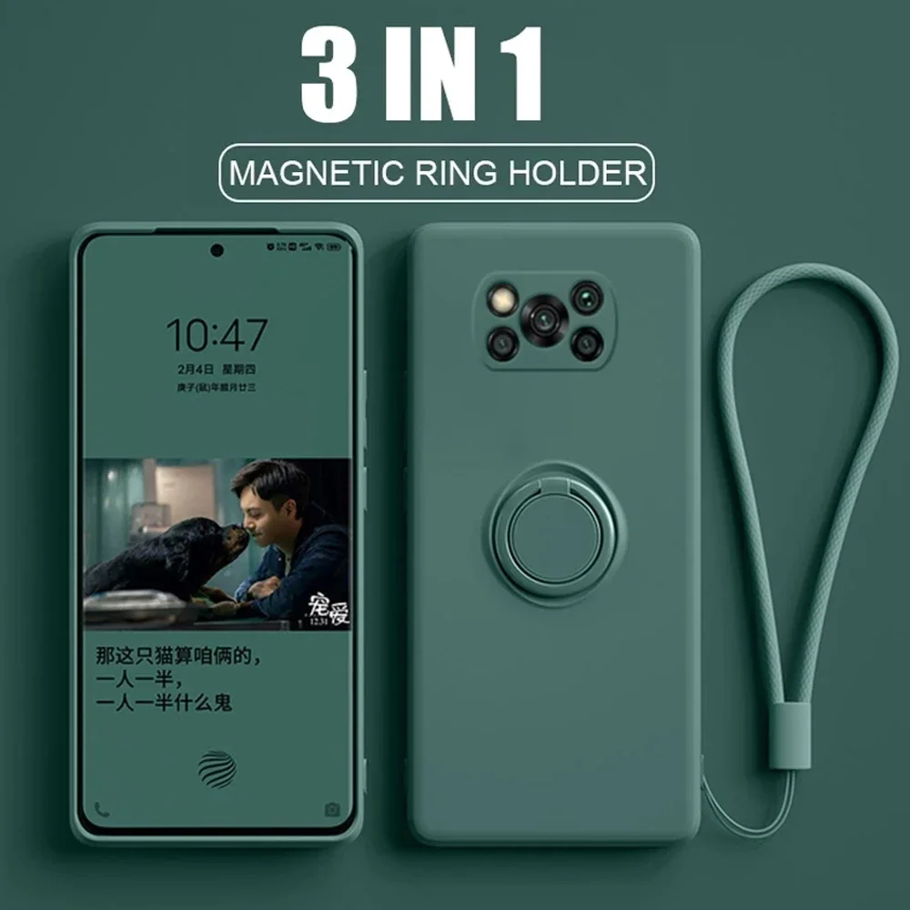 Luxury Liquid Silicone Metal Ring Holder Phone Case For For Xiaomi 12 13 14 Poco M3 X5 X3 Pro Redmi Note 13 12 4G 5G Back Cover