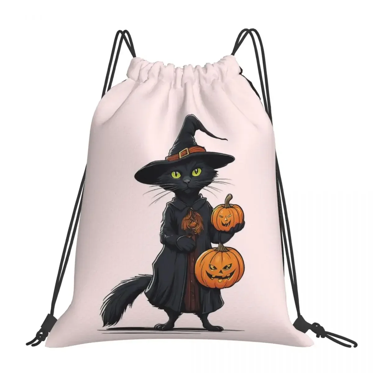 Cute Black Cat In Hallowen Costume Backpacks Drawstring Bags Drawstring Bundle Pocket Sports Bag BookBag For Man Woman School